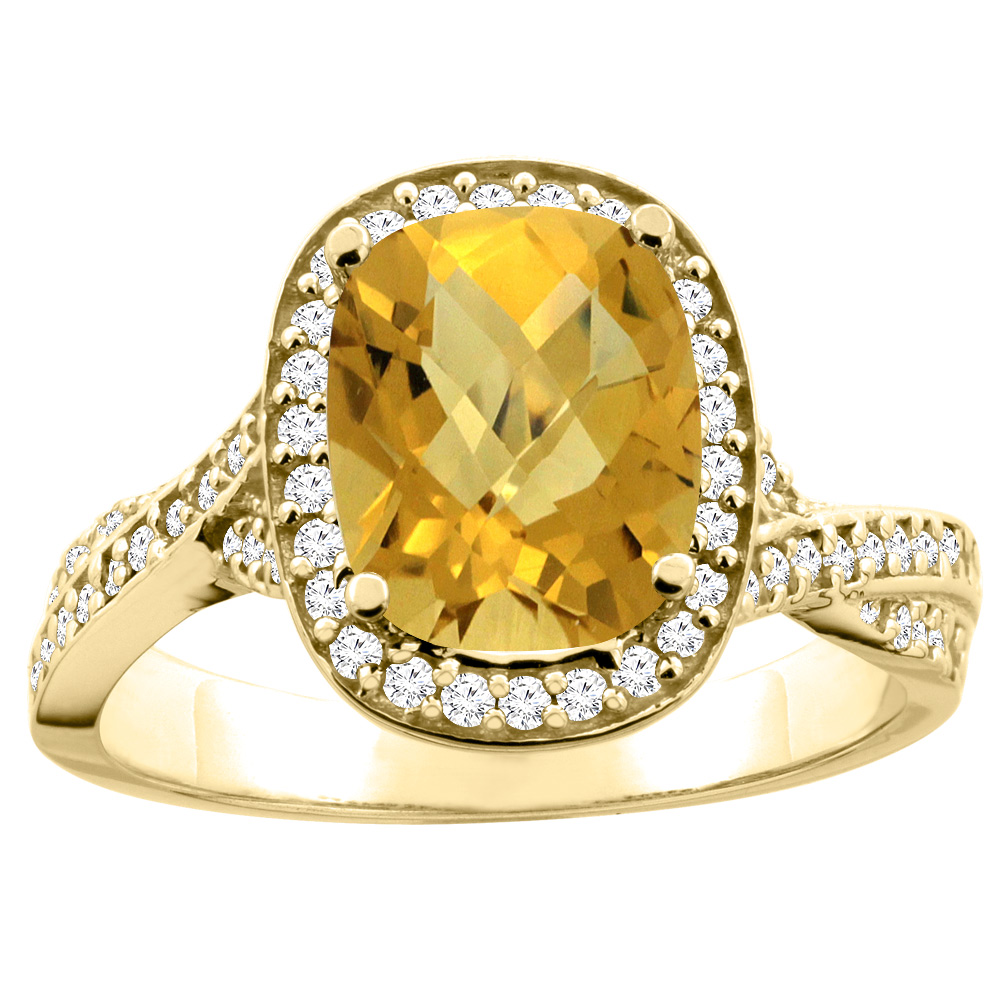 14K Yellow Gold Natural Whisky Quartz Halo Ring Cushion 9x7mm Diamond Accent 1/2 inch wide, sizes 5 - 10