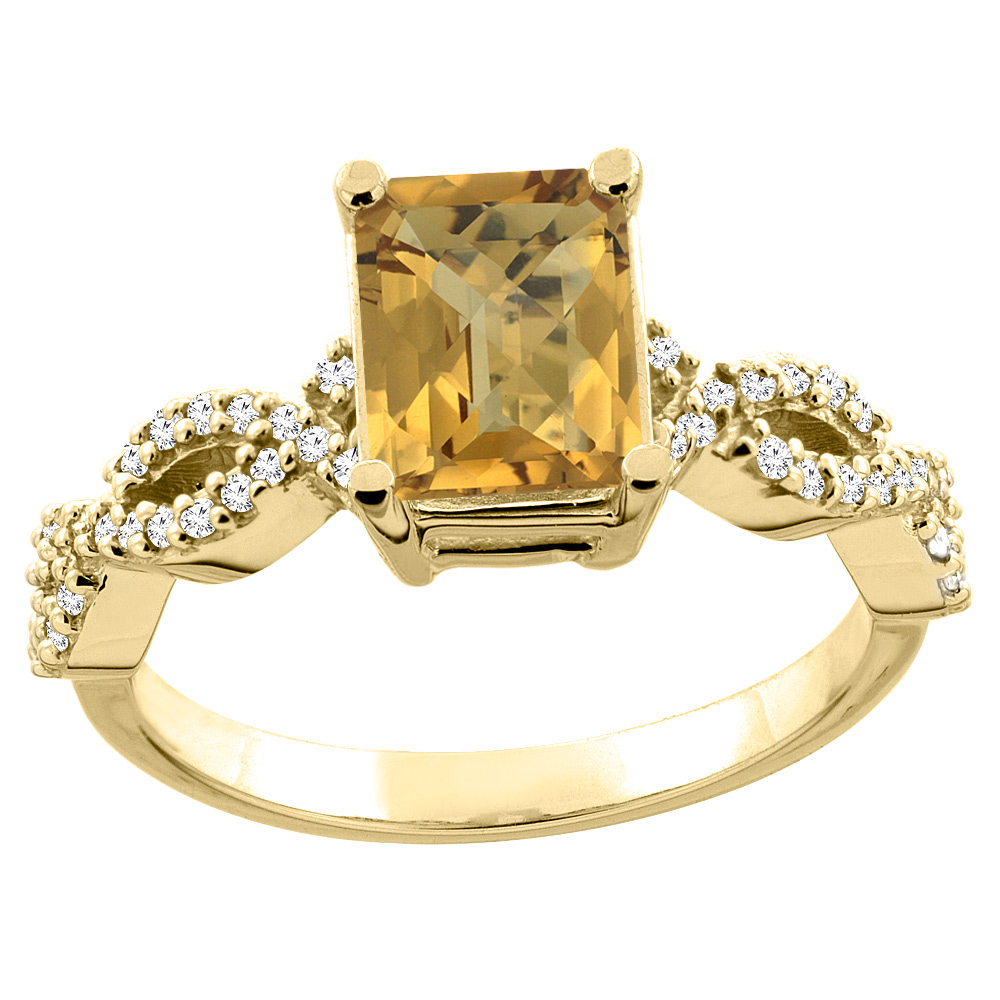 14K White/Yellow Gold Natural Whisky Quartz Eternity Ring Octagon 9x7mm Diamond Accent, sizes 5 - 10