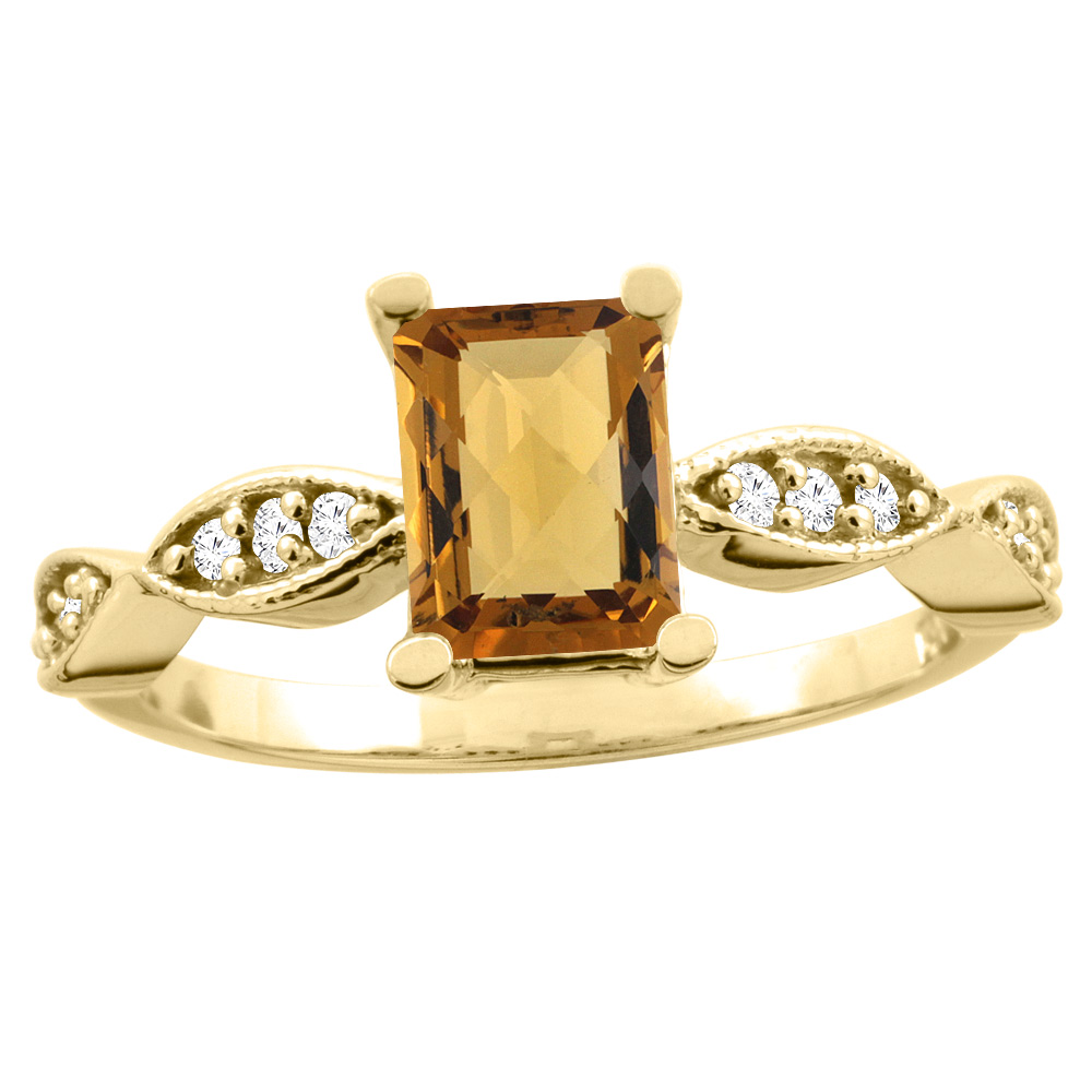 10K White/Yellow Gold Natural Whisky Quartz Ring Octagon 8x6mm Diamond Accent, sizes 5 - 10