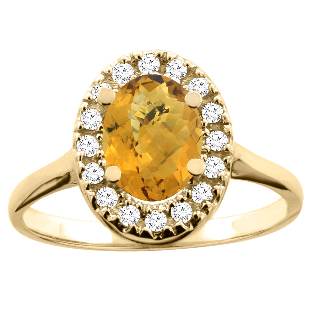 14K White/Yellow Gold Natural Whisky Quartz Ring Oval 8x6mm Diamond Accent, sizes 5 - 10