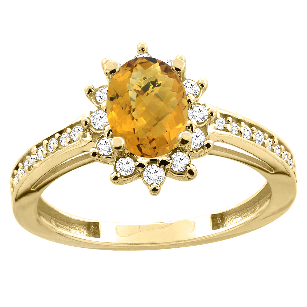 14K White/Yellow Gold Diamond Natural Whisky Quartz Floral Halo Engagement Ring Oval 7x5mm, sizes 5 - 10