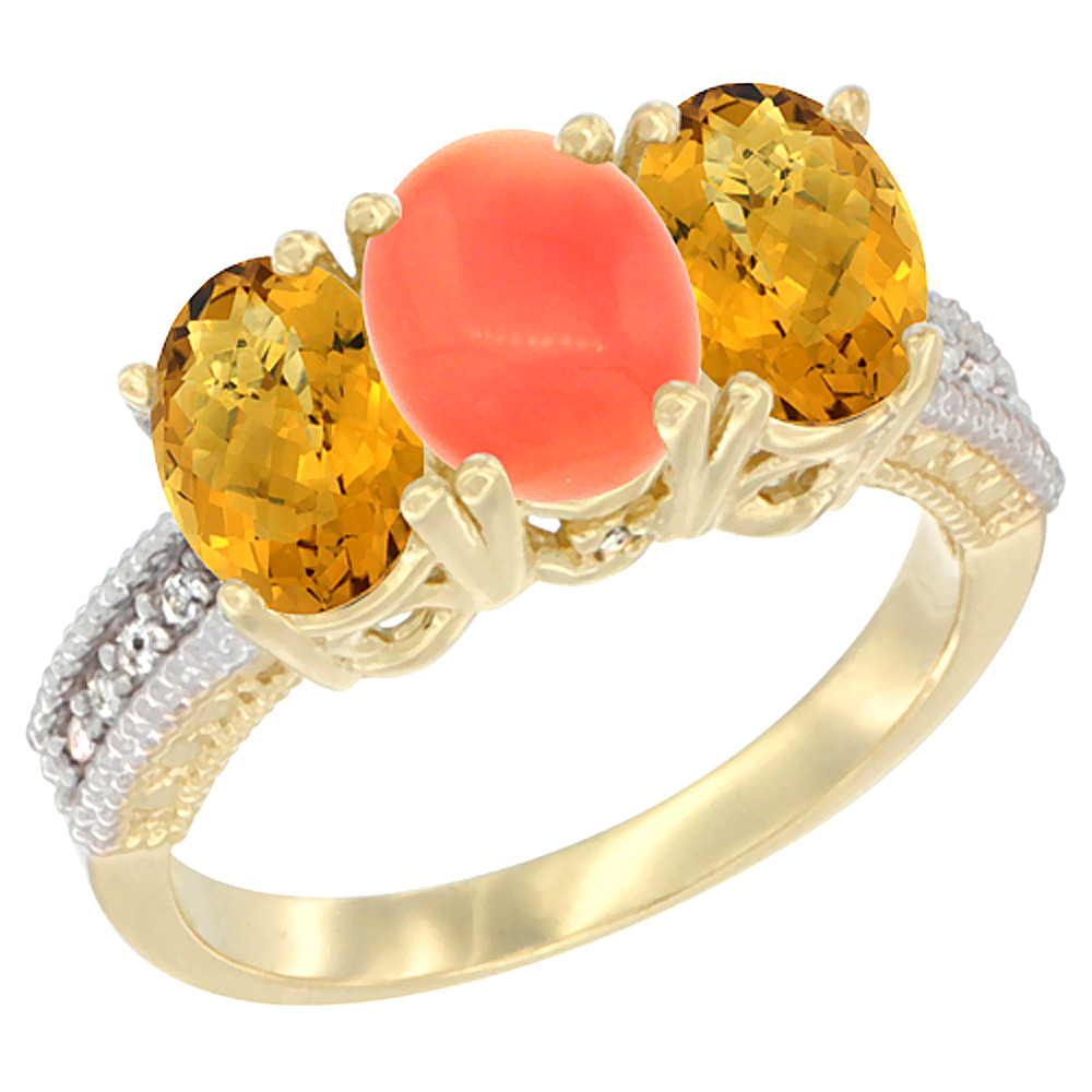 10K Yellow Gold Natural Coral & Whisky Quartz Sides Ring 3-Stone Oval 7x5 mm Diamond Accent, sizes 5 - 10