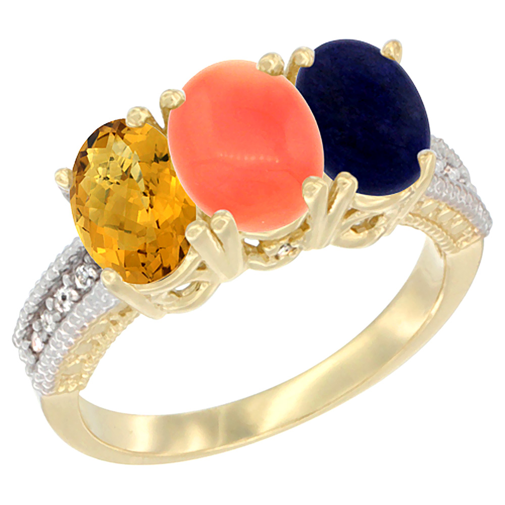 10K Yellow Gold Natural Whisky Quartz, Coral & Lapis Ring 3-Stone Oval 7x5 mm Diamond Accent, sizes 5 - 10