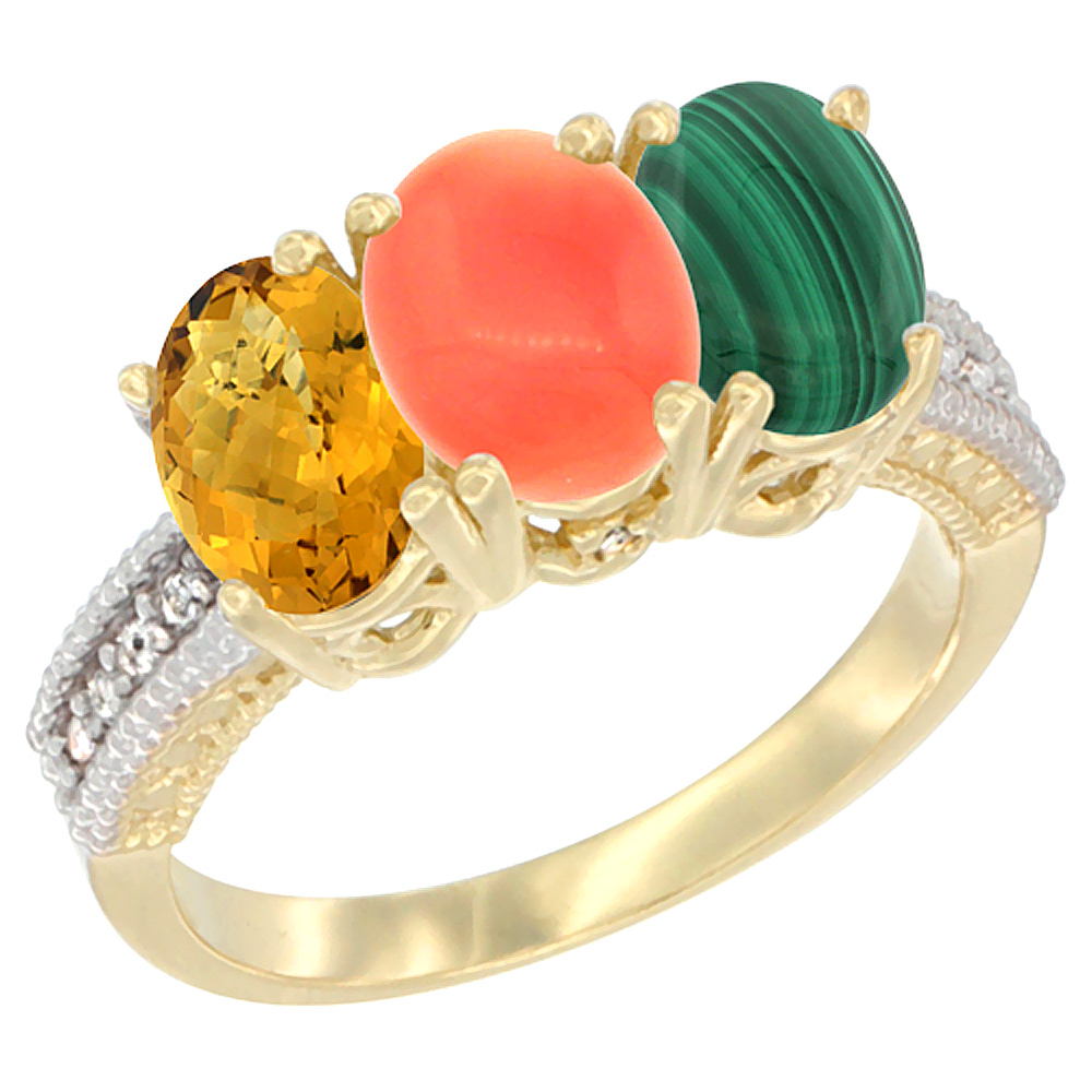10K Yellow Gold Natural Whisky Quartz, Coral & Malachite Ring 3-Stone Oval 7x5 mm Diamond Accent, sizes 5 - 10