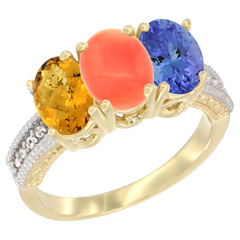 10K Yellow Gold Natural Whisky Quartz, Coral & Tanzanite Ring 3-Stone Oval 7x5 mm Diamond Accent, sizes 5 - 10