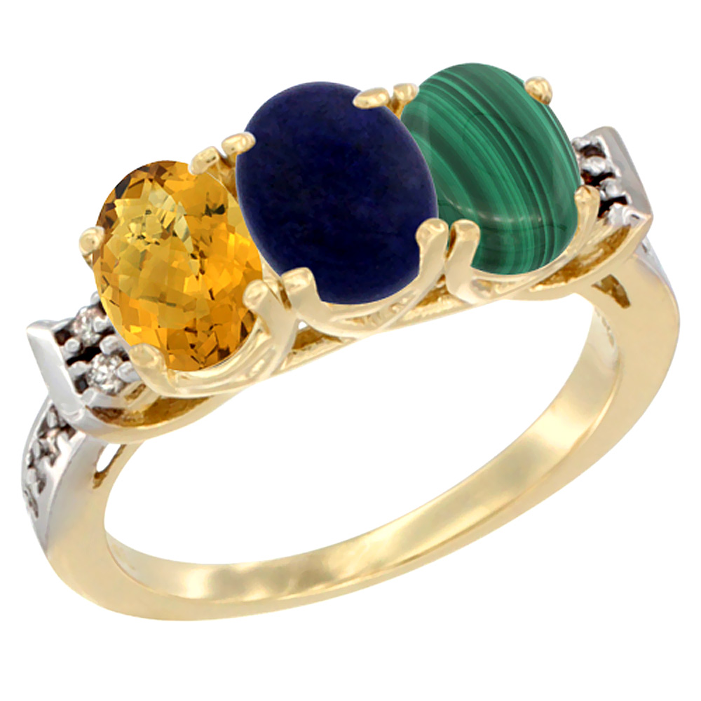 14K Yellow Gold Natural Whisky Quartz, Lapis & Malachite Ring 3-Stone 7x5 mm Oval Diamond Accent, sizes 5 - 10