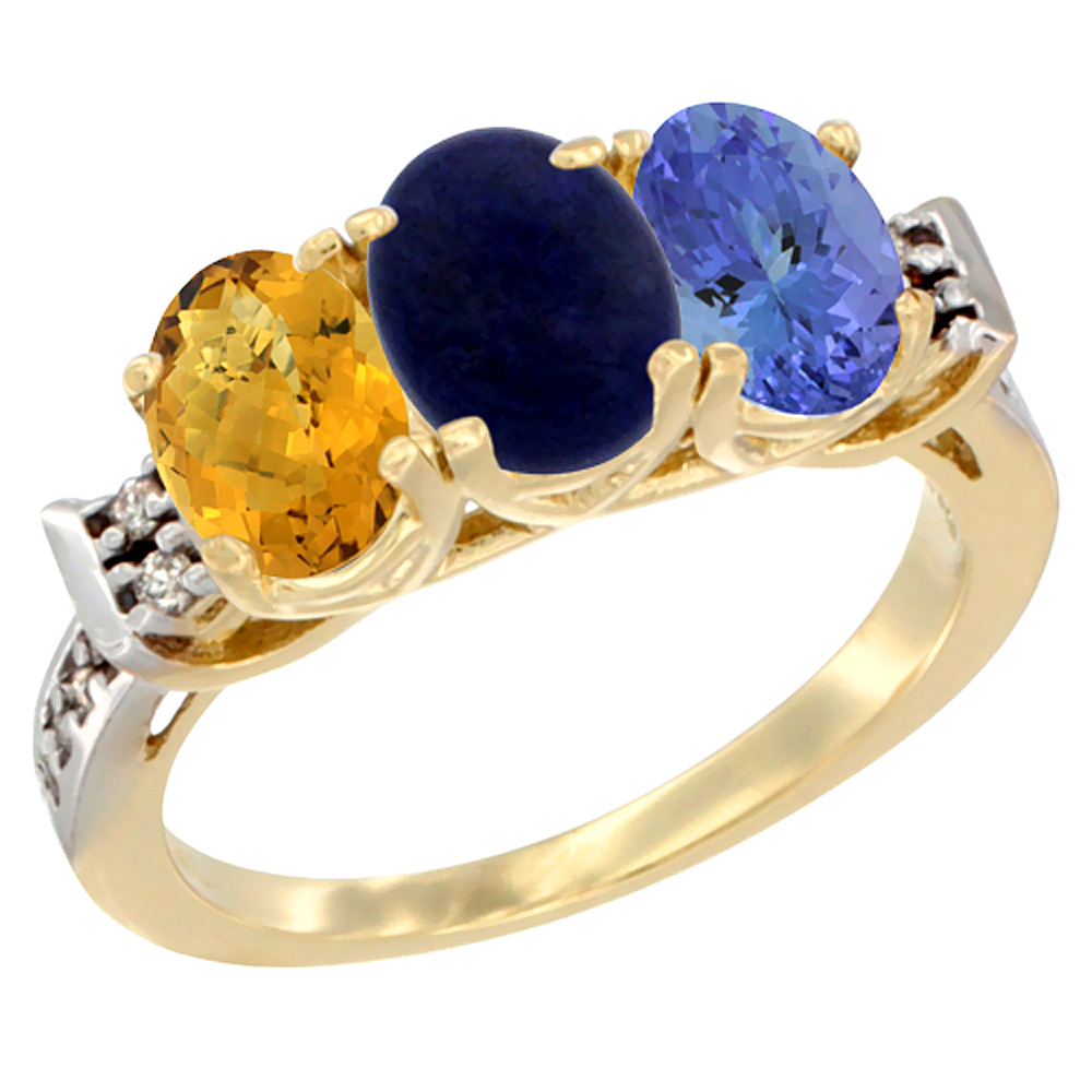 14K Yellow Gold Natural Whisky Quartz, Lapis & Tanzanite Ring 3-Stone 7x5 mm Oval Diamond Accent, sizes 5 - 10