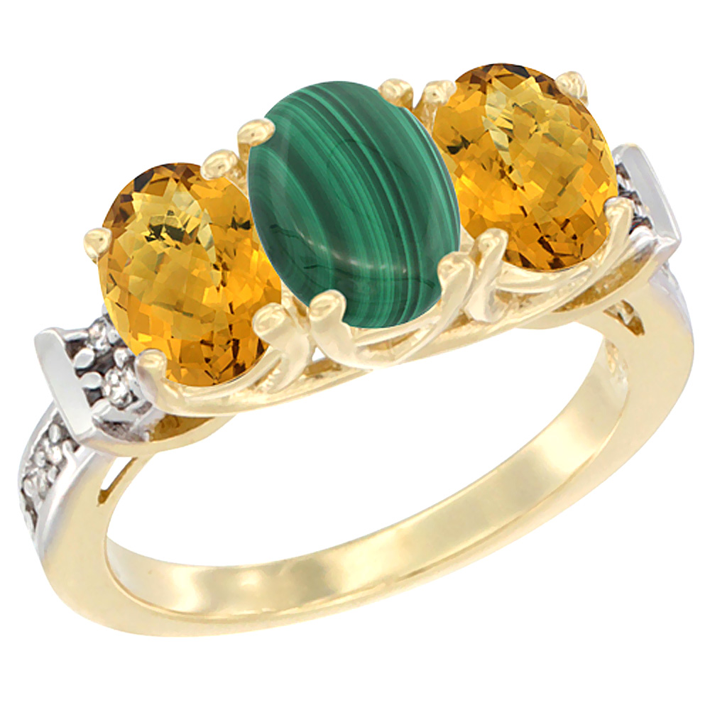 14K Yellow Gold Natural Malachite & Whisky Quartz Sides Ring 3-Stone Oval Diamond Accent, sizes 5 - 10