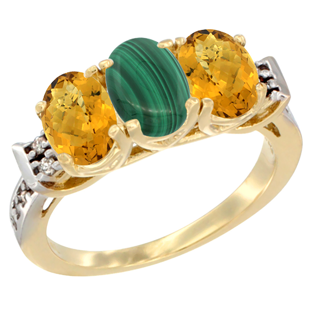 14K Yellow Gold Natural Malachite & Whisky Quartz Ring 3-Stone 7x5 mm Oval Diamond Accent, sizes 5 - 10