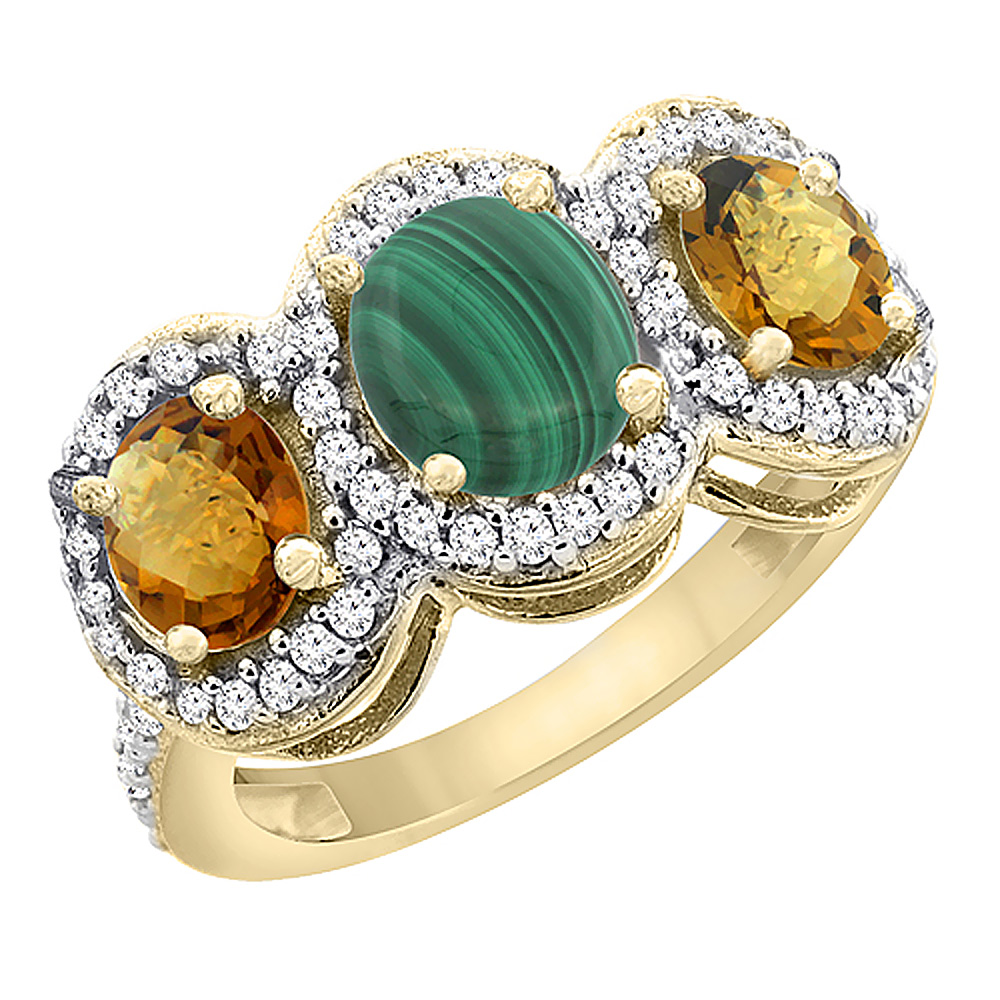 14K Yellow Gold Natural Malachite & Whisky Quartz 3-Stone Ring Oval Diamond Accent, sizes 5 - 10
