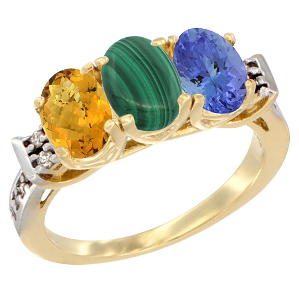 14K Yellow Gold Natural Whisky Quartz, Malachite & Tanzanite Ring 3-Stone 7x5 mm Oval Diamond Accent, sizes 5 - 10