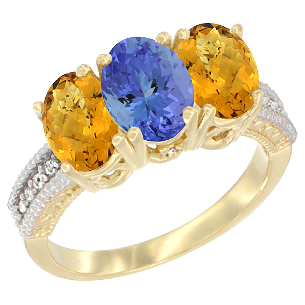 10K Yellow Gold Natural Tanzanite & Whisky Quartz Sides Ring 3-Stone Oval 7x5 mm Diamond Accent, sizes 5 - 10