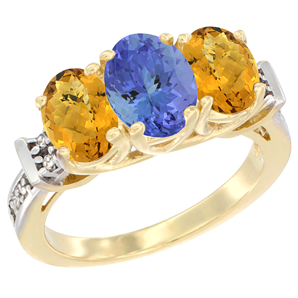 10K Yellow Gold Natural Tanzanite & Whisky Quartz Sides Ring 3-Stone Oval Diamond Accent, sizes 5 - 10