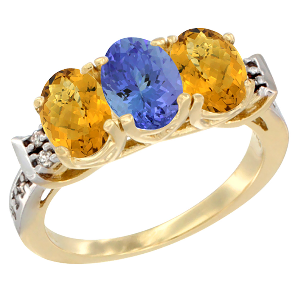 10K Yellow Gold Natural Tanzanite & Whisky Quartz Sides Ring 3-Stone Oval 7x5 mm Diamond Accent, sizes 5 - 10
