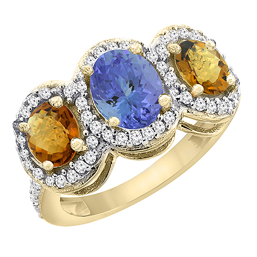 10K Yellow Gold Natural Tanzanite & Whisky Quartz 3-Stone Ring Oval Diamond Accent, sizes 5 - 10