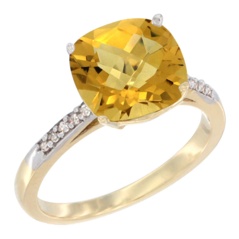 14K Yellow Gold Natural Whisky Quartz Ring 9 mm Cushion-cut Diamond accent, sizes 5 - 10