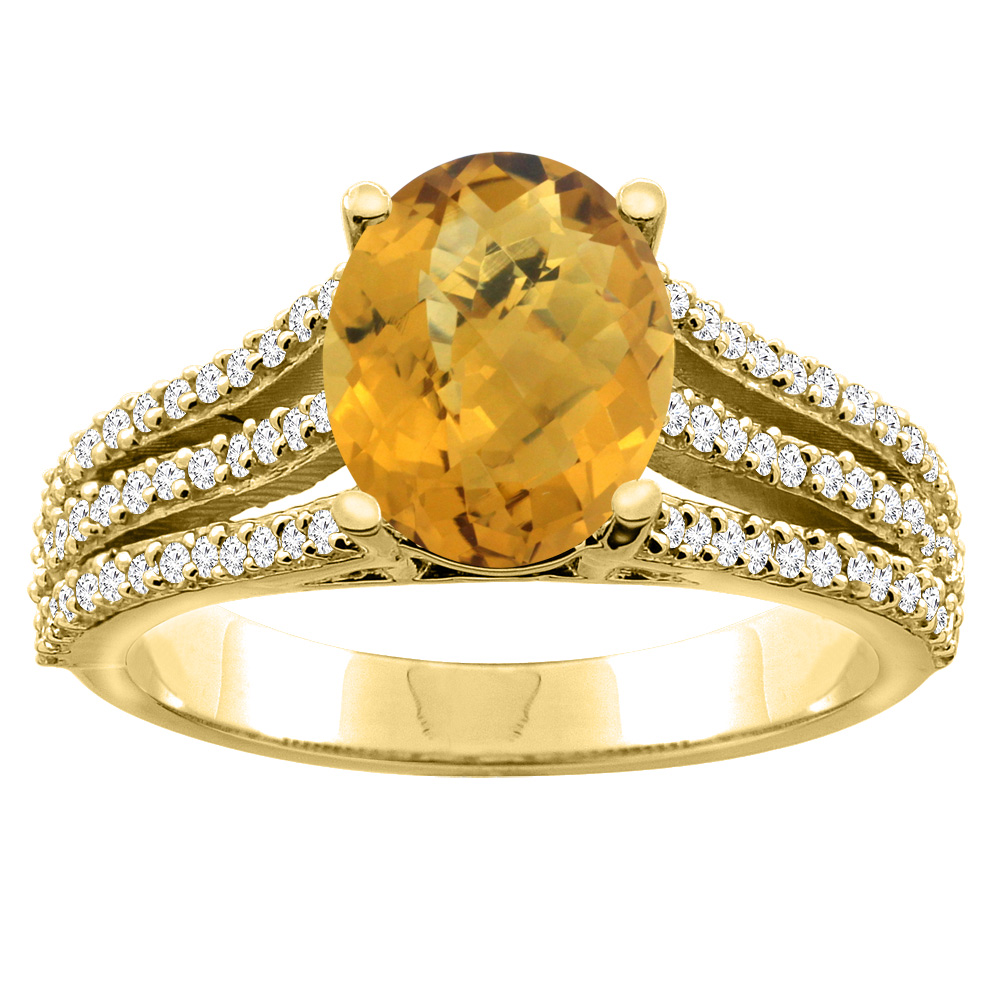 14K White/Yellow Gold Natural Whisky Quartz Tri-split Ring Oval 9x7mm Diamond Accents, sizes 5 - 10