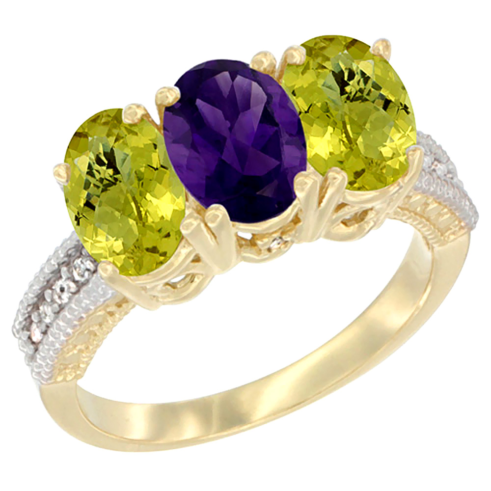 10K Yellow Gold Natural Amethyst & Lemon Quartz Sides Ring 3-Stone Oval 7x5 mm Diamond Accent, sizes 5 - 10