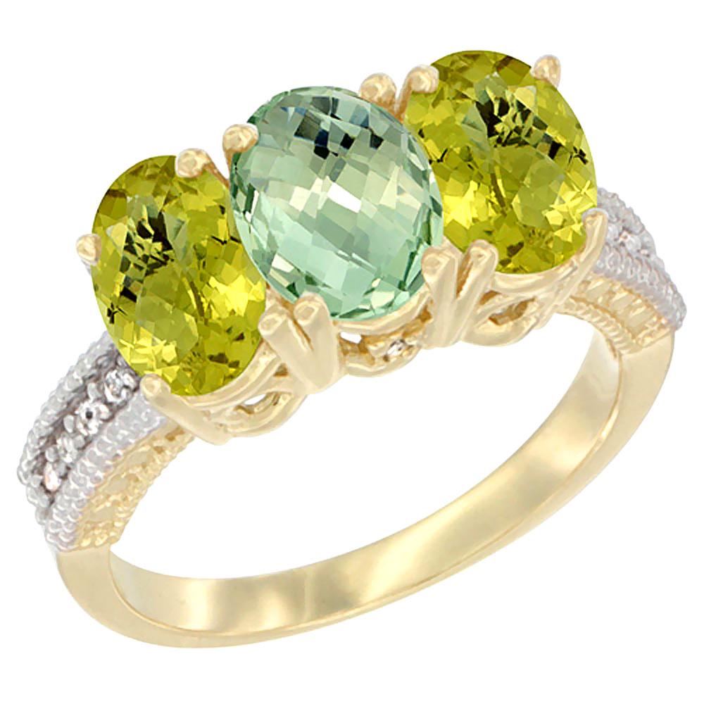 10K Yellow Gold Natural Green Amethyst & Lemon Quartz Sides Ring 3-Stone Oval 7x5 mm Diamond Accent, sizes 5 - 10