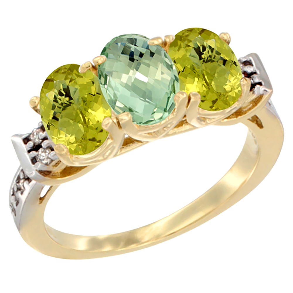 10K Yellow Gold Natural Green Amethyst & Lemon Quartz Sides Ring 3-Stone Oval 7x5 mm Diamond Accent, sizes 5 - 10
