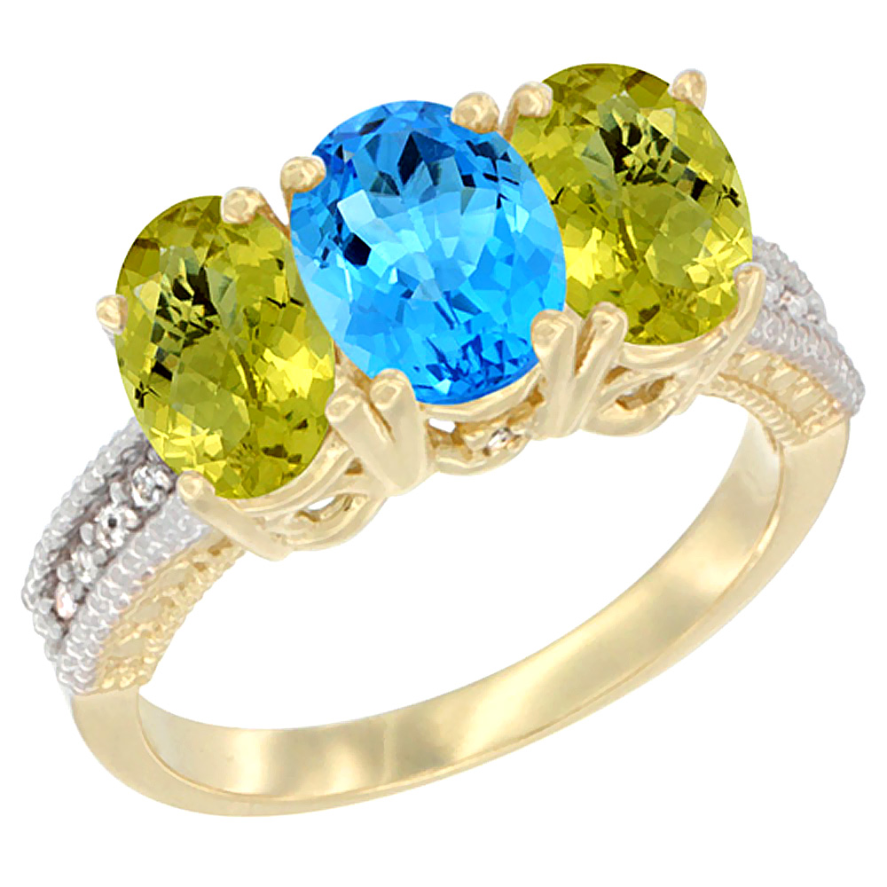 10K Yellow Gold Natural Swiss Blue Topaz & Lemon Quartz Sides Ring 3-Stone Oval 7x5 mm Diamond Accent, sizes 5 - 10