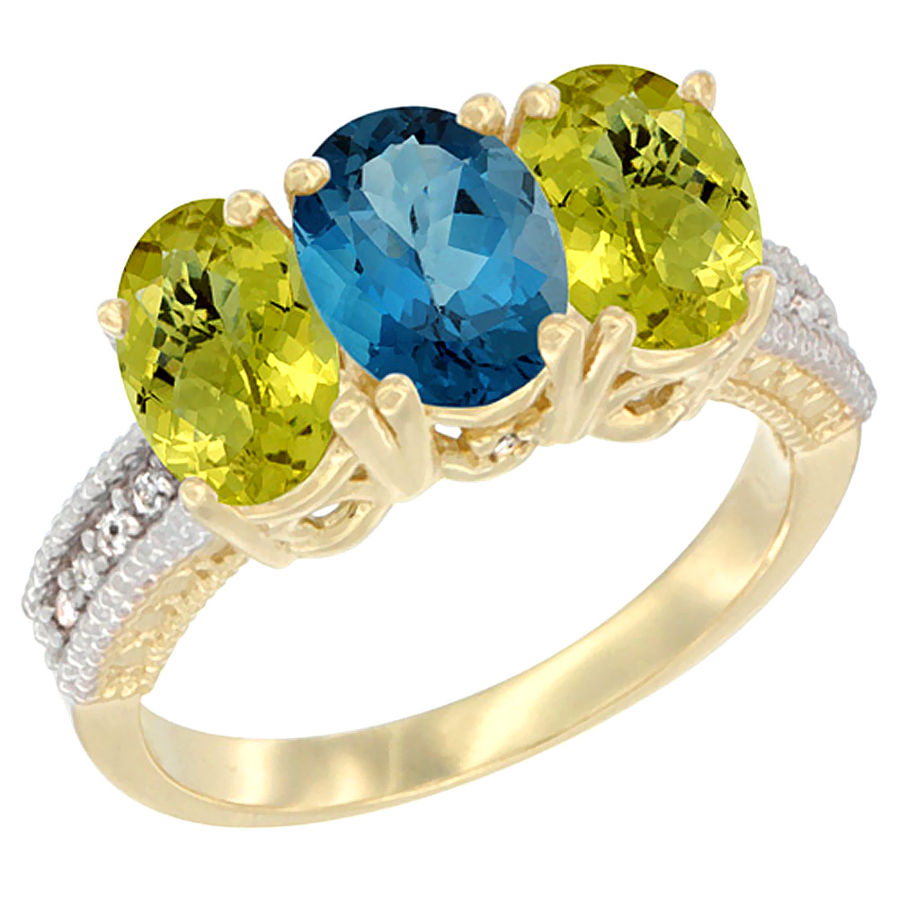 10K Yellow Gold Natural London Blue Topaz & Lemon Quartz Sides Ring 3-Stone Oval 7x5 mm Diamond Accent, sizes 5 - 10