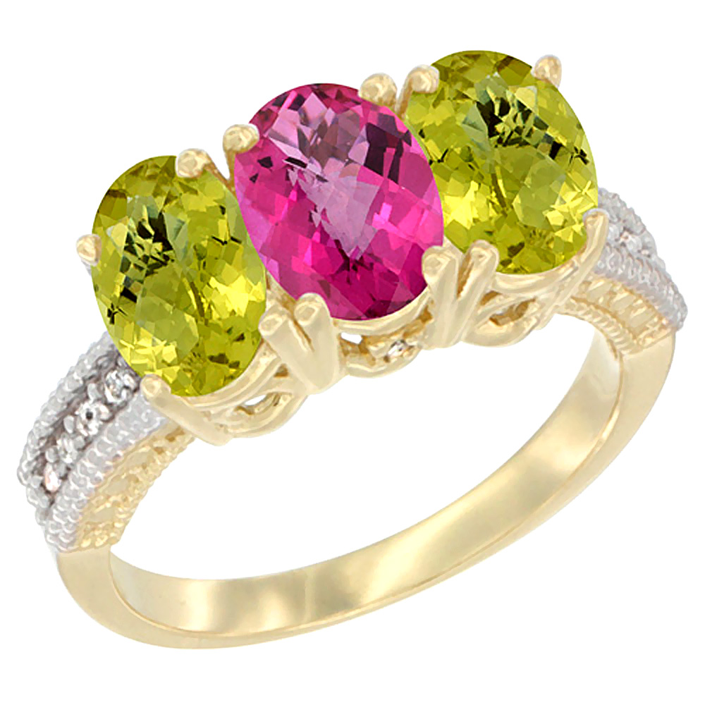 10K Yellow Gold Natural Pink Topaz & Lemon Quartz Sides Ring 3-Stone Oval 7x5 mm Diamond Accent, sizes 5 - 10