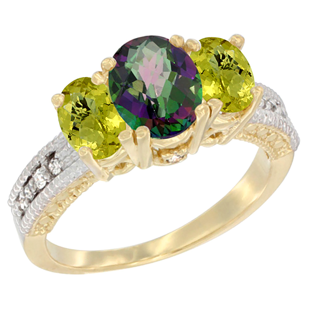 10K Yellow Gold Diamond Natural Mystic Topaz Ring Oval 3-stone with Lemon Quartz, sizes 5 - 10