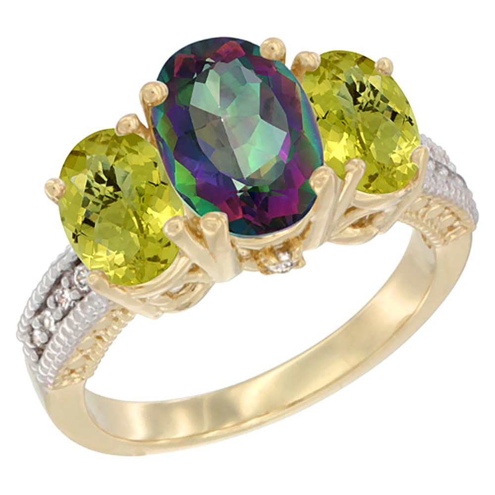10K Yellow Gold Diamond Natural Mystic Topaz Ring 3-Stone Oval 8x6mm with Lemon Quartz, sizes5-10
