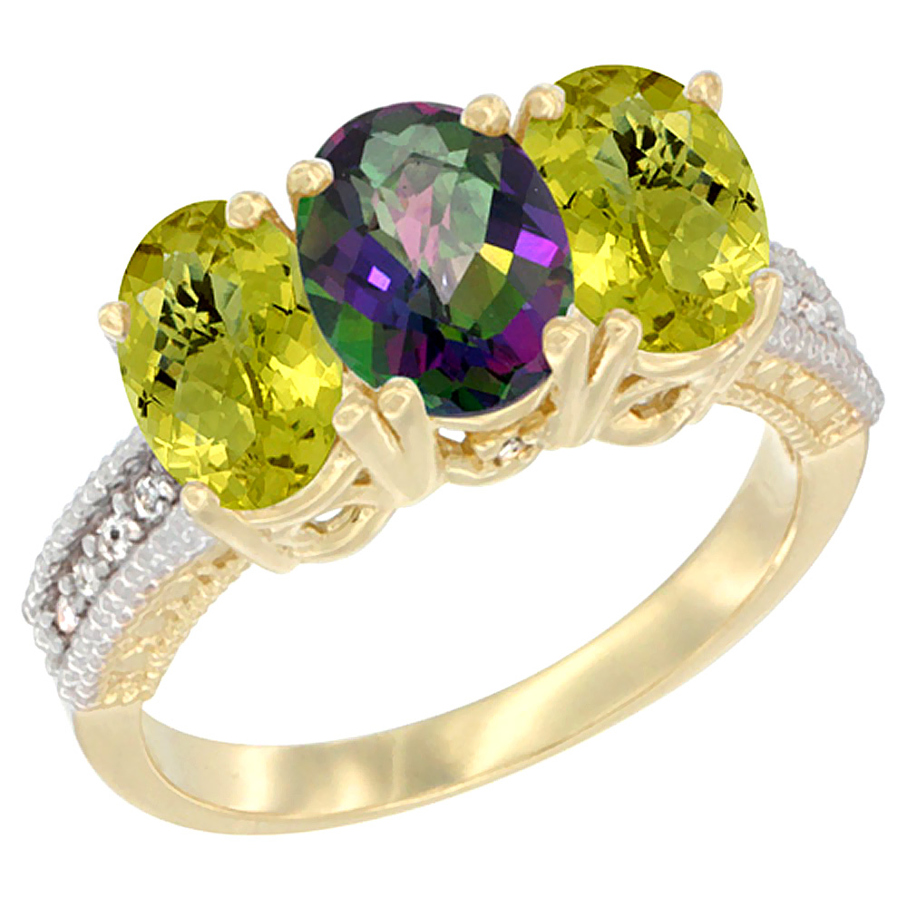 10K Yellow Gold Natural Mystic Topaz & Lemon Quartz Sides Ring 3-Stone Oval 7x5 mm Diamond Accent, sizes 5 - 10