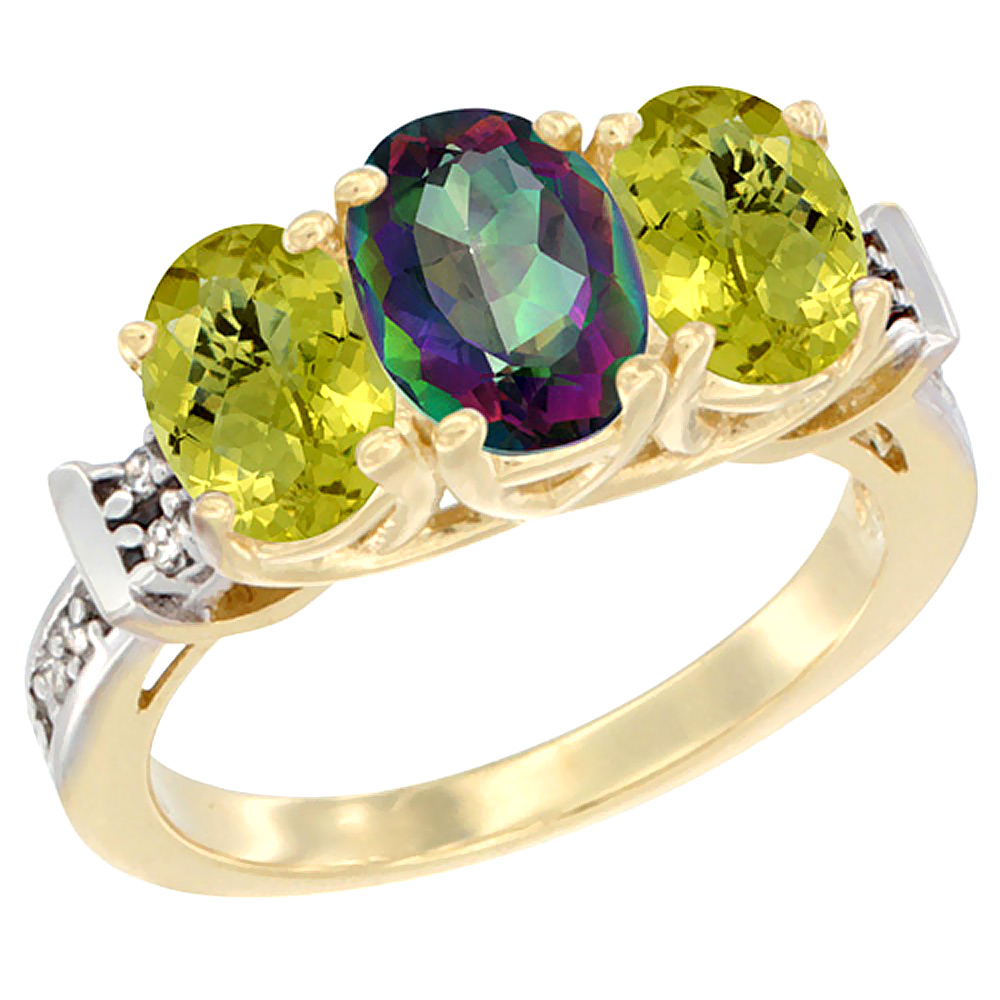10K Yellow Gold Natural Mystic Topaz & Lemon Quartz Sides Ring 3-Stone Oval Diamond Accent, sizes 5 - 10
