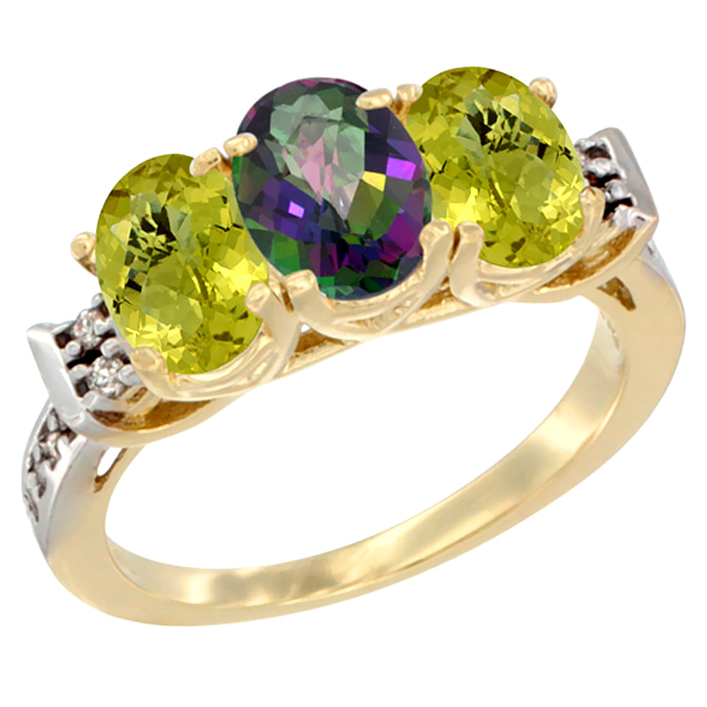 10K Yellow Gold Natural Mystic Topaz & Lemon Quartz Sides Ring 3-Stone Oval 7x5 mm Diamond Accent, sizes 5 - 10