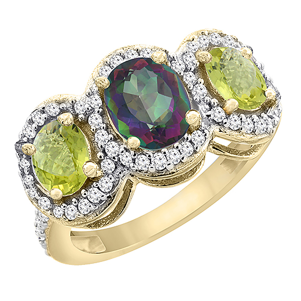 14K Yellow Gold Natural Mystic Topaz & Lemon Quartz 3-Stone Ring Oval Diamond Accent, sizes 5 - 10