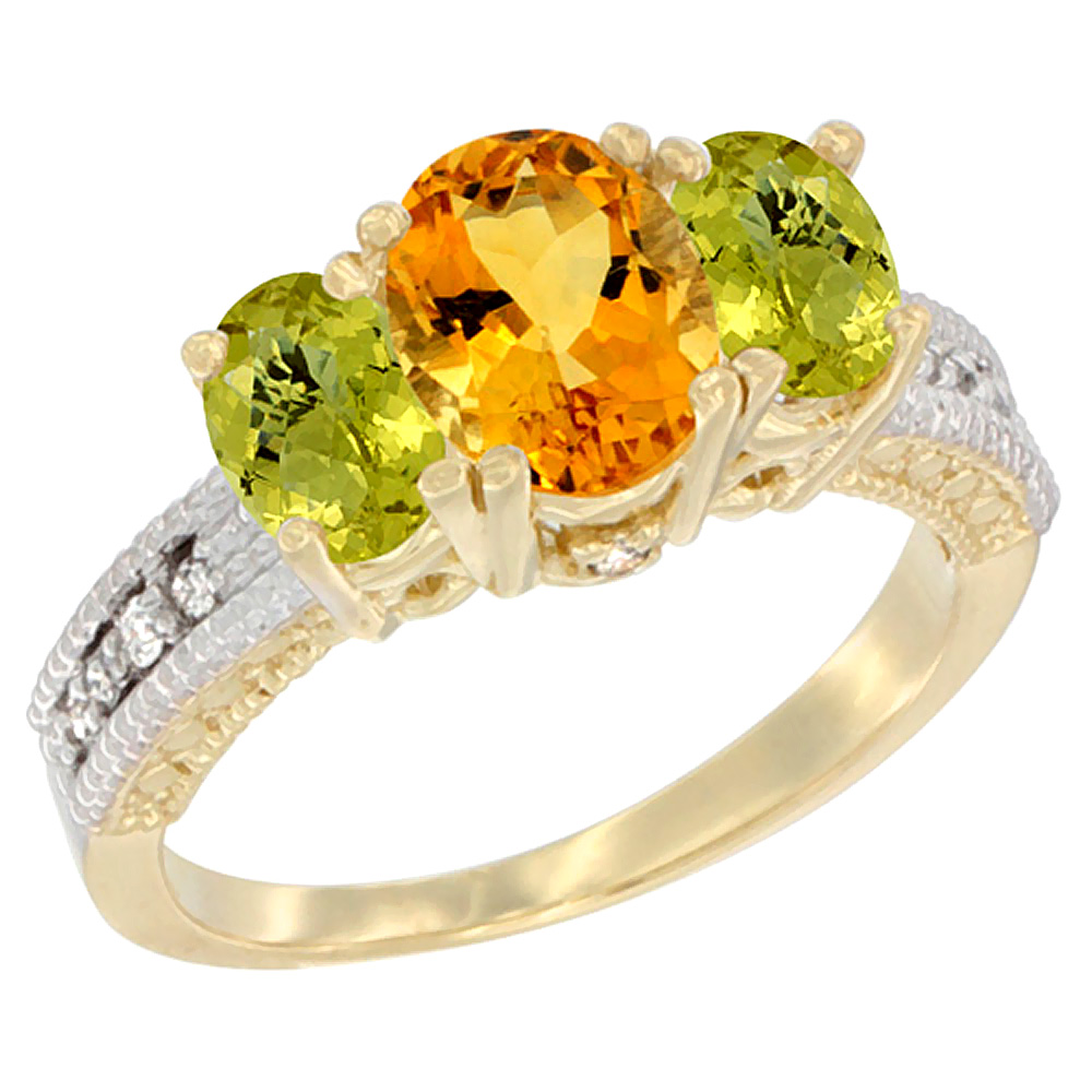 14K Yellow Gold Diamond Natural Citrine Ring Oval 3-stone with Lemon Quartz, sizes 5 - 10