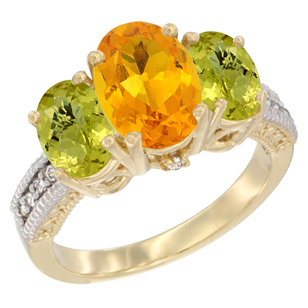 14K Yellow Gold Diamond Natural Citrine Ring 3-Stone Oval 8x6mm with Lemon Quartz, sizes5-10