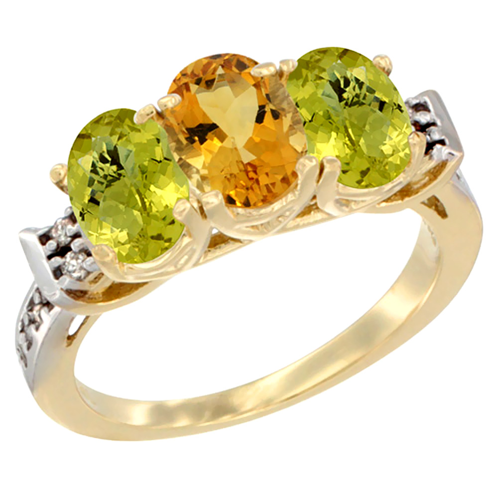 14K Yellow Gold Natural Citrine & Lemon Quartz Ring 3-Stone 7x5 mm Oval Diamond Accent, sizes 5 - 10