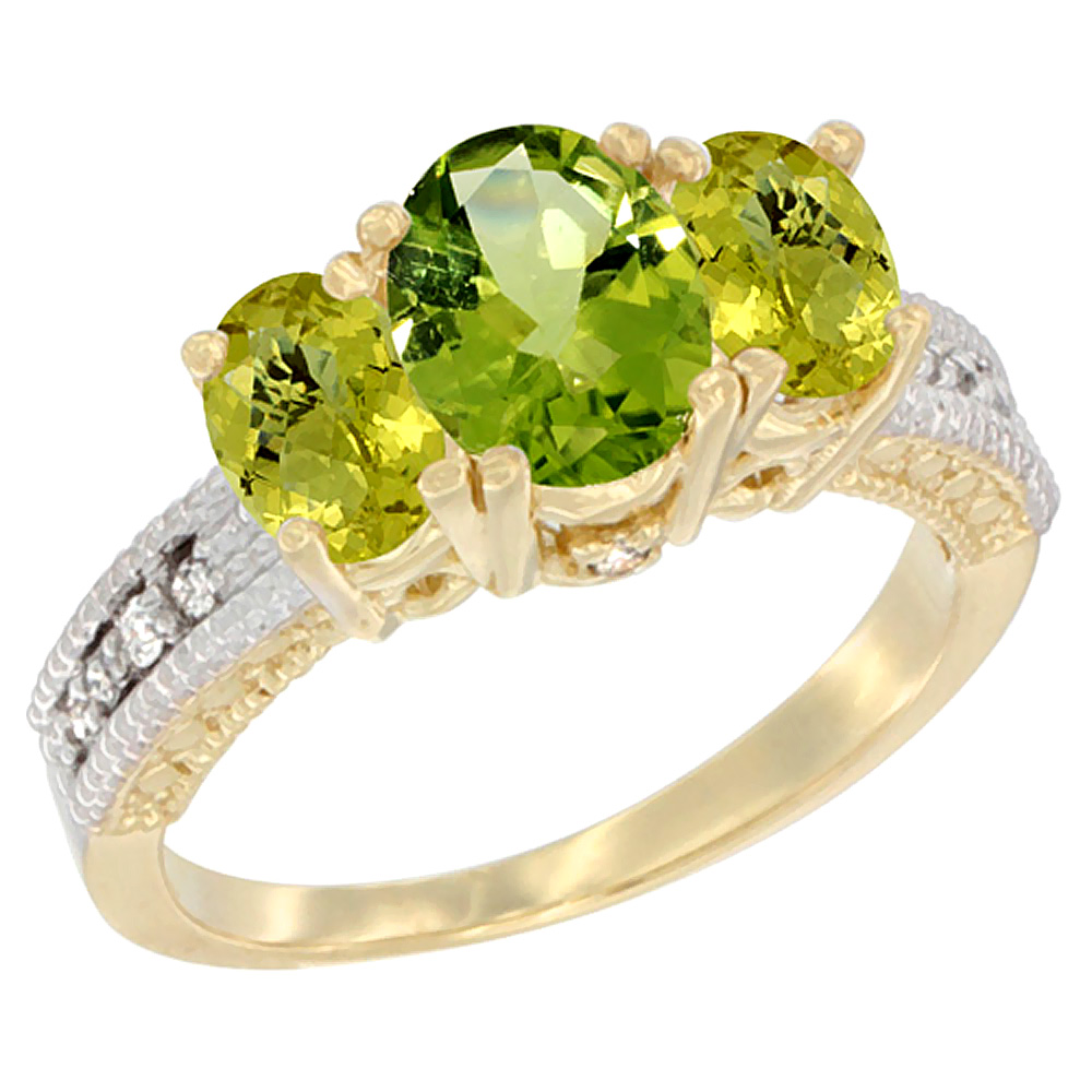 10K Yellow Gold Diamond Natural Peridot Ring Oval 3-stone with Lemon Quartz, sizes 5 - 10