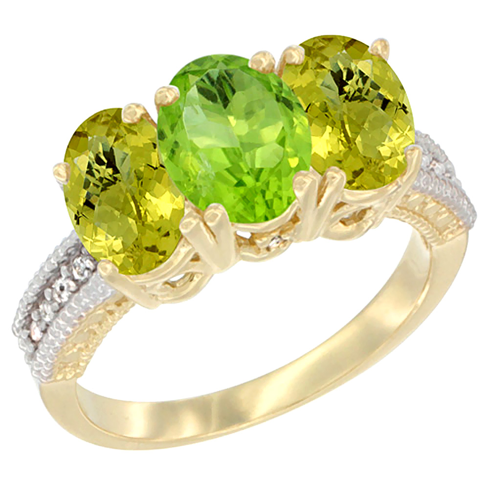 10K Yellow Gold Natural Peridot & Lemon Quartz Sides Ring 3-Stone Oval 7x5 mm Diamond Accent, sizes 5 - 10