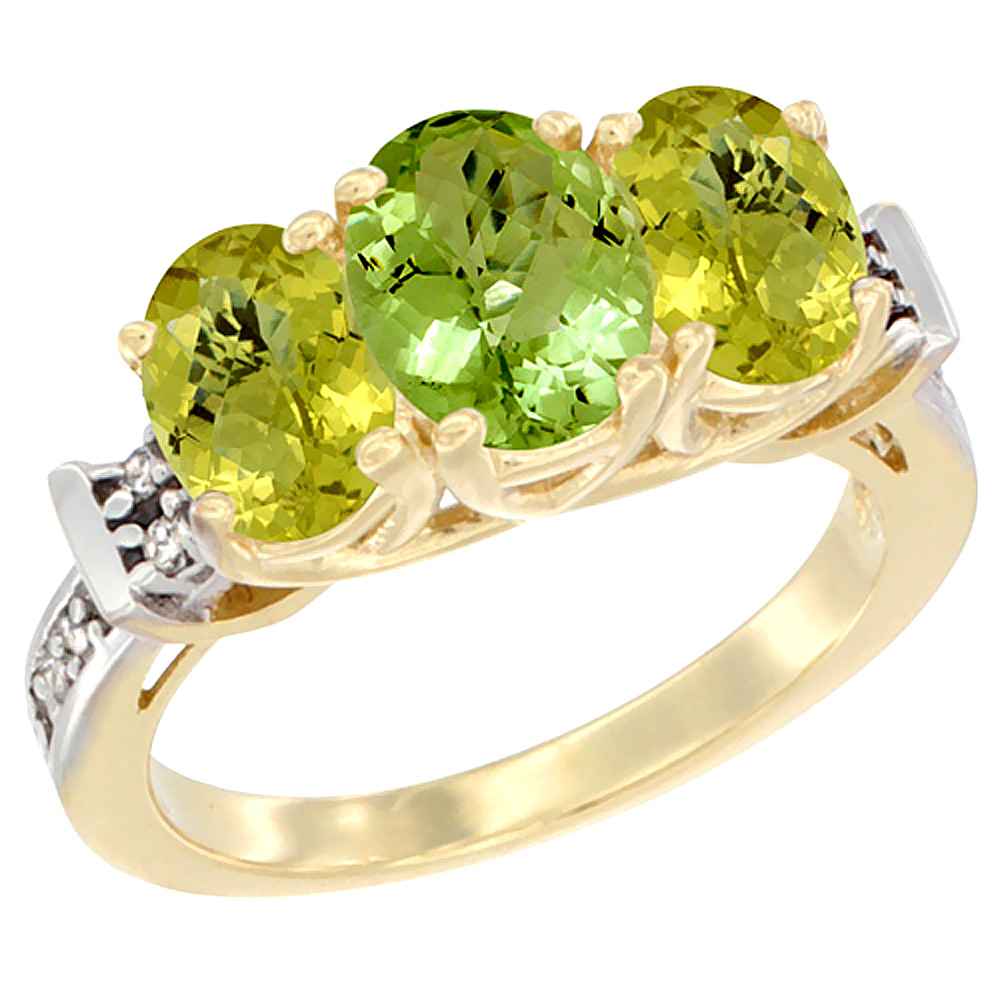 10K Yellow Gold Natural Peridot & Lemon Quartz Sides Ring 3-Stone Oval Diamond Accent, sizes 5 - 10