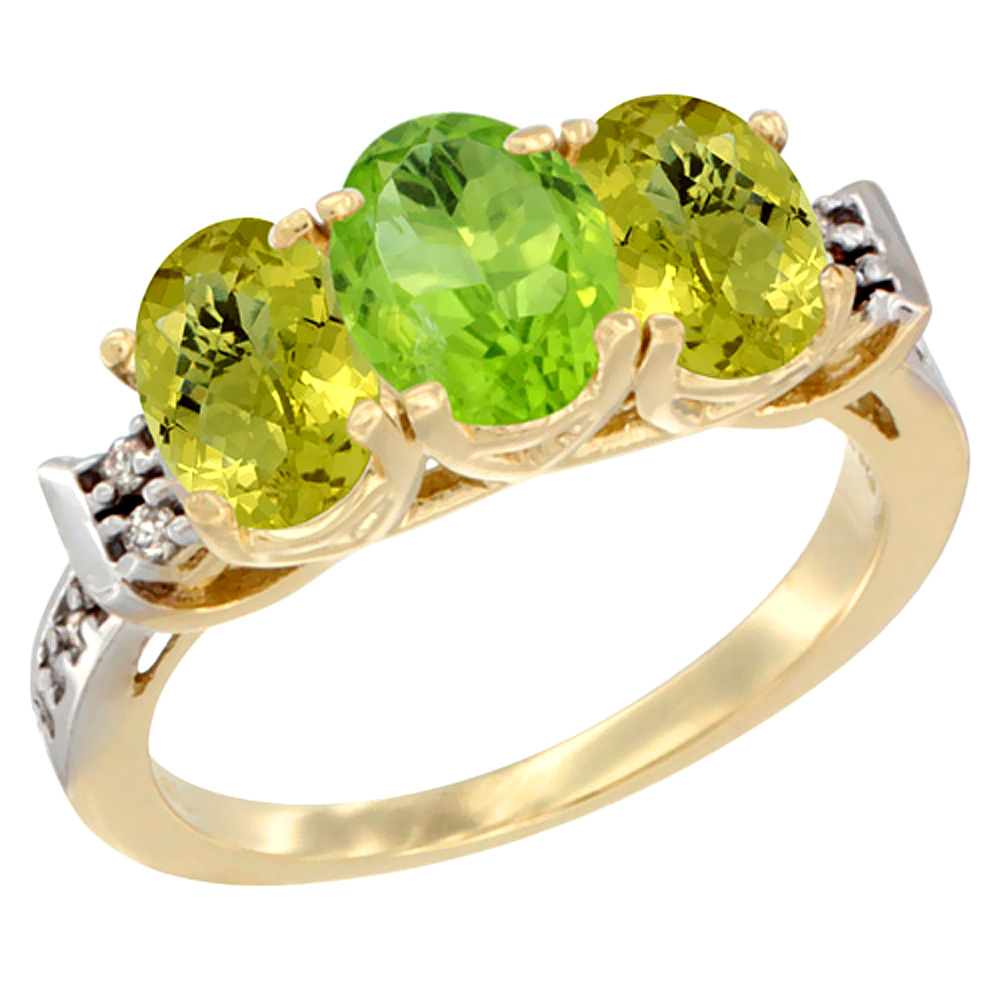 10K Yellow Gold Natural Peridot & Lemon Quartz Sides Ring 3-Stone Oval 7x5 mm Diamond Accent, sizes 5 - 10
