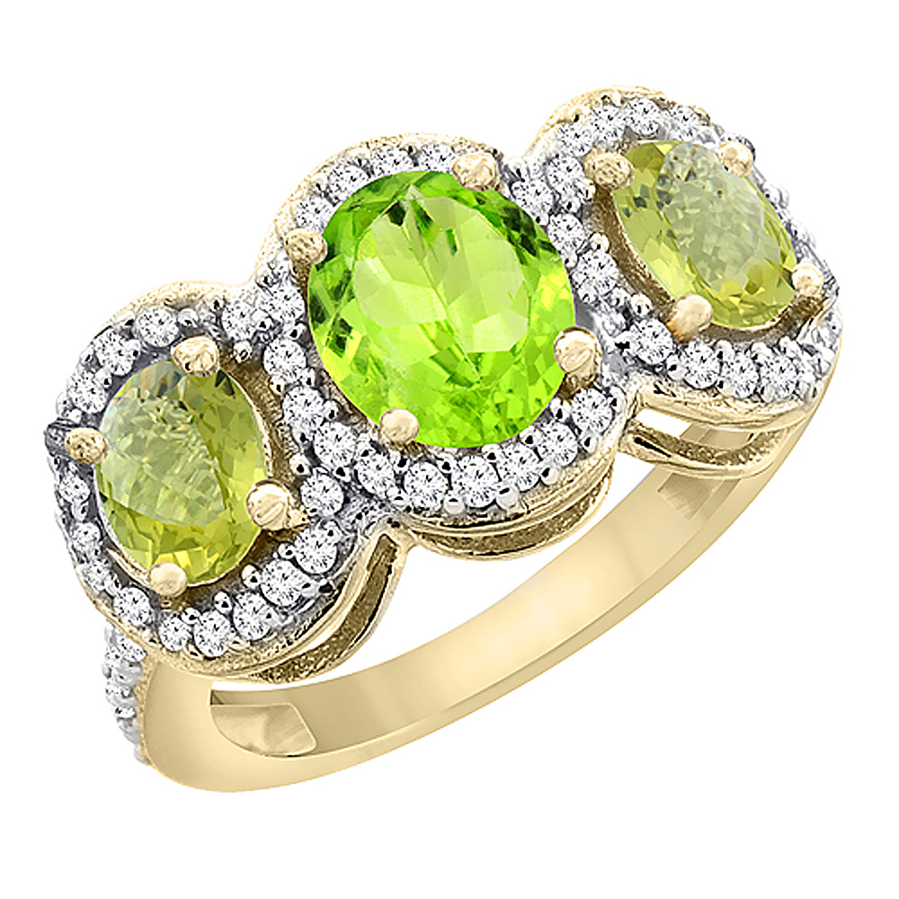 10K Yellow Gold Natural Peridot & Lemon Quartz 3-Stone Ring Oval Diamond Accent, sizes 5 - 10