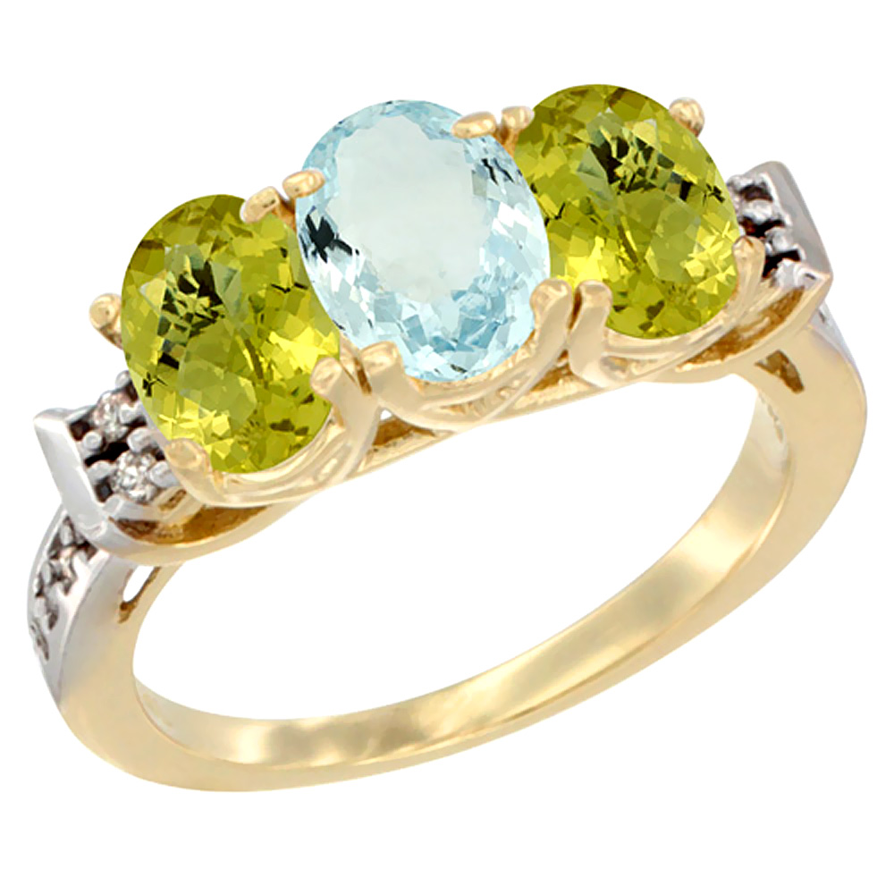14K Yellow Gold Natural Aquamarine & Lemon Quartz Ring 3-Stone 7x5 mm Oval Diamond Accent, sizes 5 - 10