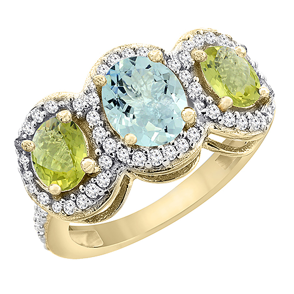 14K Yellow Gold Natural Aquamarine & Lemon Quartz 3-Stone Ring Oval Diamond Accent, sizes 5 - 10