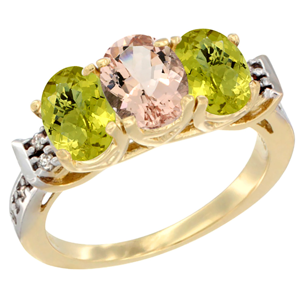 14K Yellow Gold Natural Morganite & Lemon Quartz Ring 3-Stone 7x5 mm Oval Diamond Accent, sizes 5 - 10