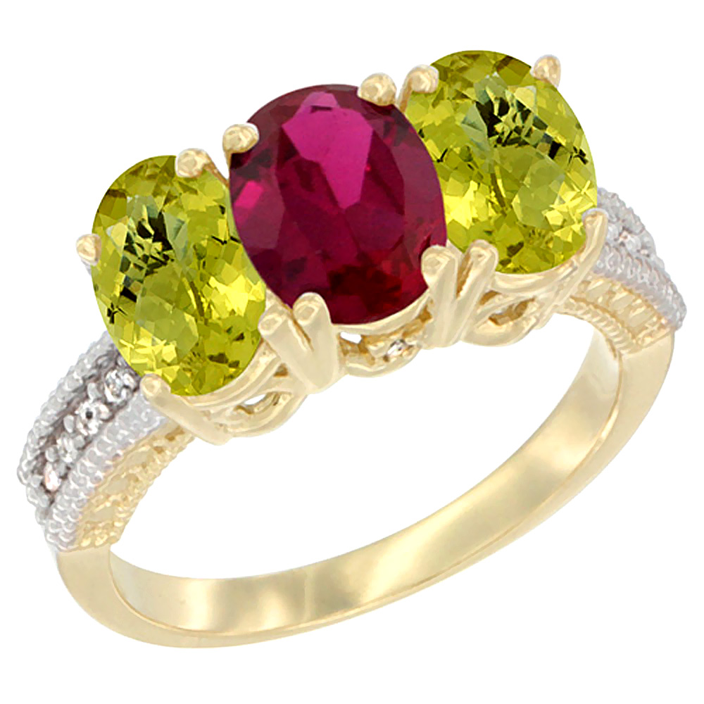 10K Yellow Gold Enhanced Ruby & Natural Lemon Quartz Sides Ring 3-Stone Oval 7x5 mm Diamond Accent, sizes 5 - 10