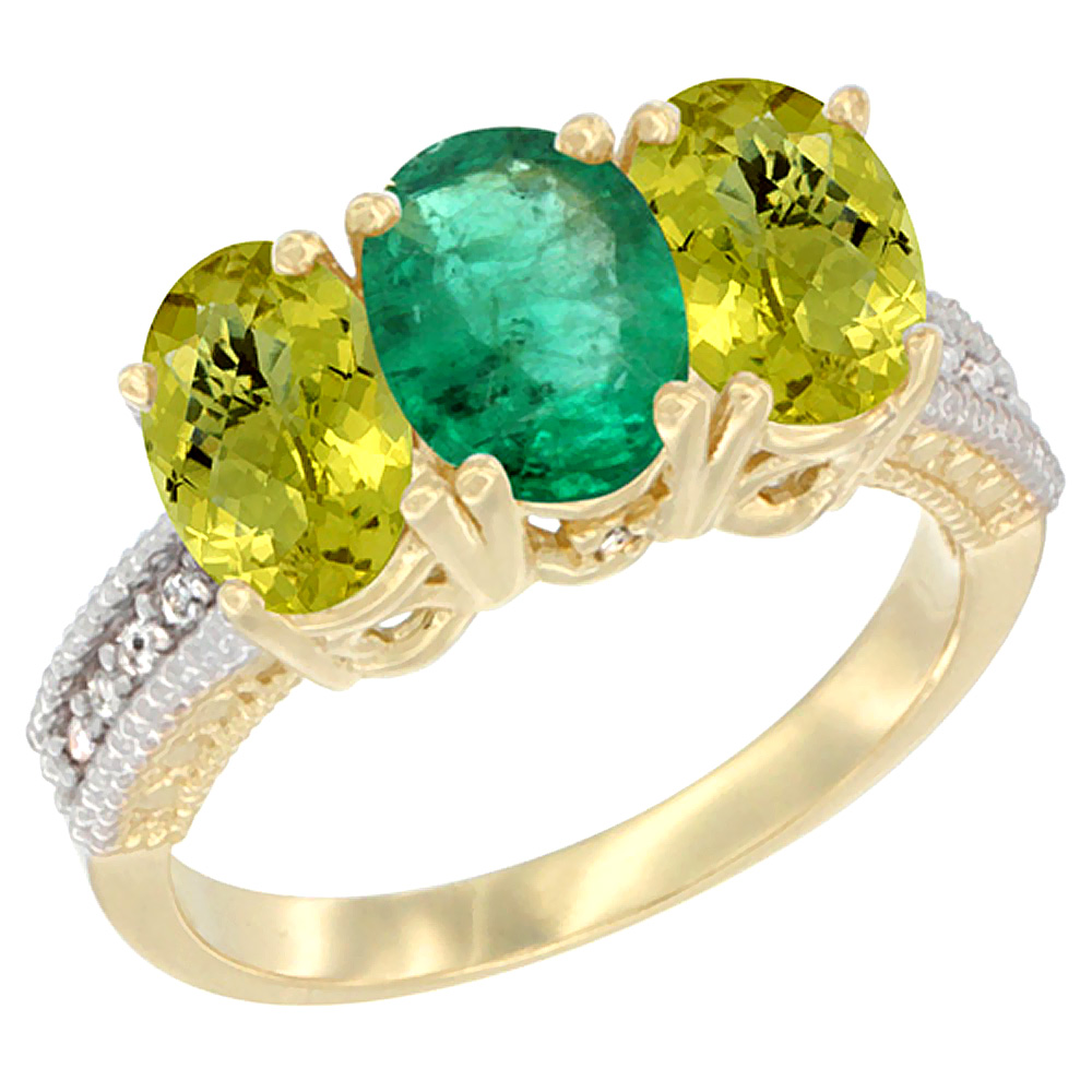 10K Yellow Gold Natural Emerald & Lemon Quartz Sides Ring 3-Stone Oval 7x5 mm Diamond Accent, sizes 5 - 10