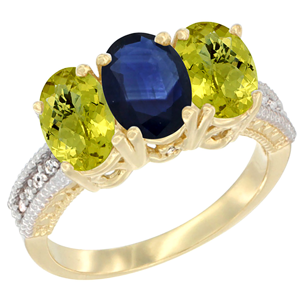 10K Yellow Gold Natural Blue Sapphire & Lemon Quartz Sides Ring 3-Stone Oval 7x5 mm Diamond Accent, sizes 5 - 10