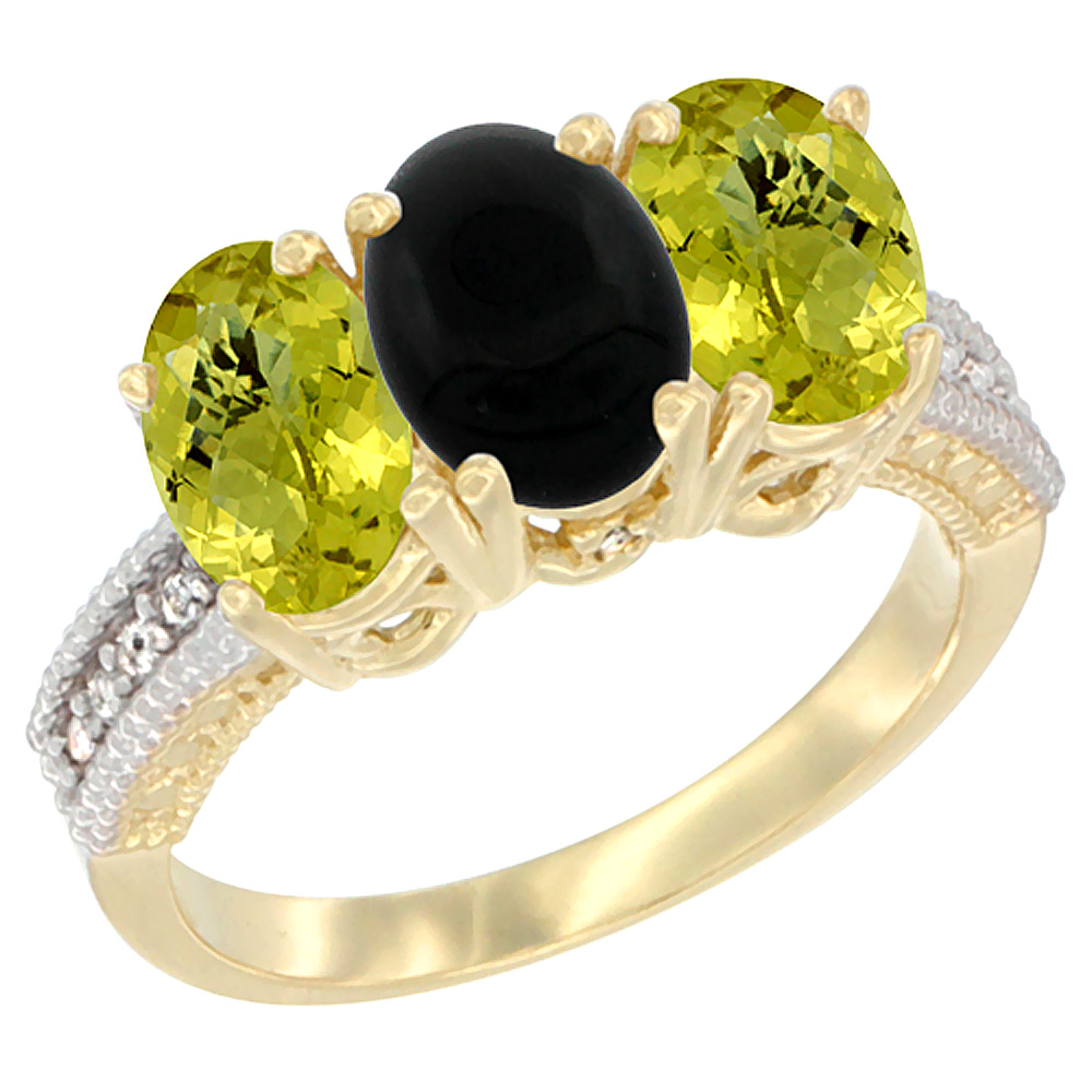 10K Yellow Gold Natural Black Onyx & Lemon Quartz Sides Ring 3-Stone Oval 7x5 mm Diamond Accent, sizes 5 - 10