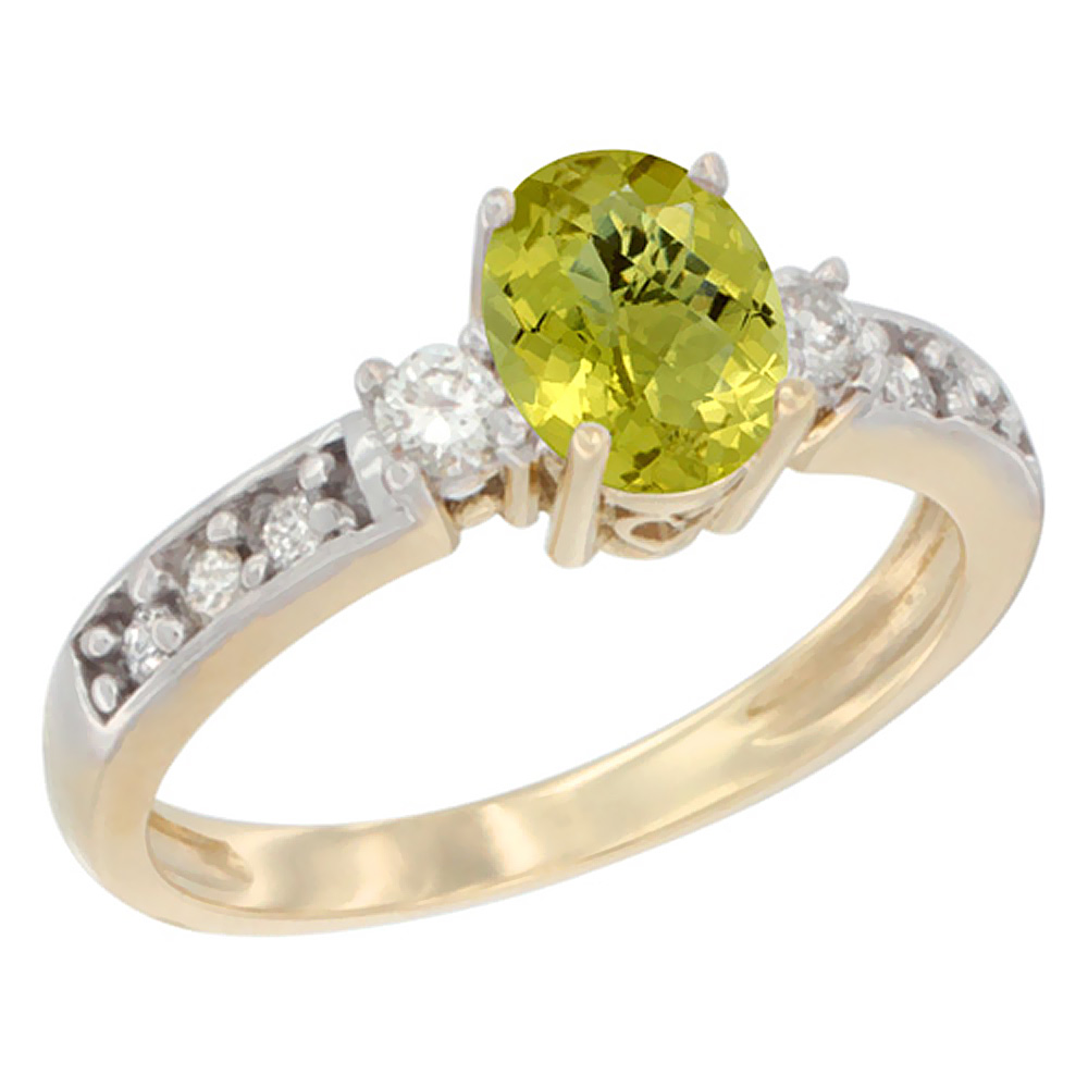 10k Yellow Gold Natural Lemon Quartz Ring Oval 7x5 mm Diamond Accent, sizes 5 - 10