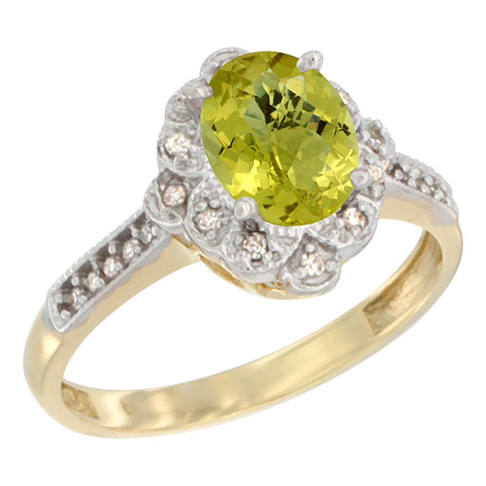 10K Yellow Gold Natural Lemon Quartz Ring Oval 8x6 mm Floral Diamond Halo, sizes 5 - 10